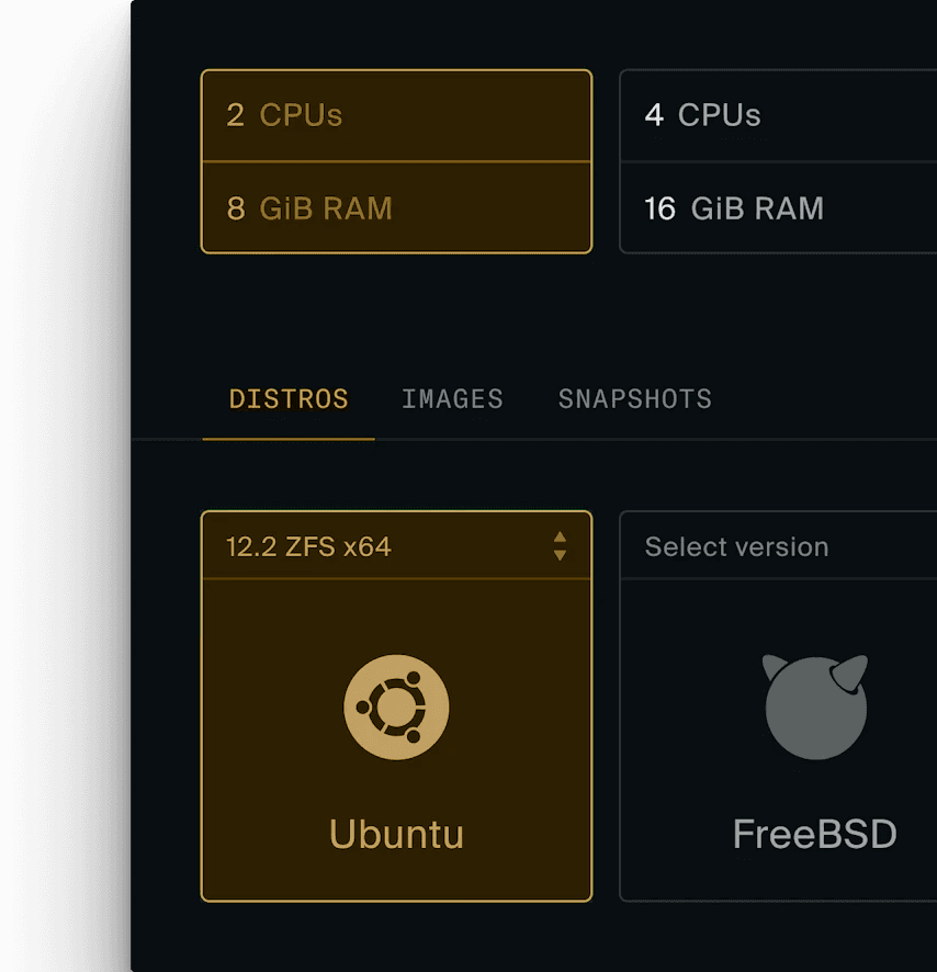 Snapshot del formulario de creación de instancia, con configuración de hardware y distro seleccionados