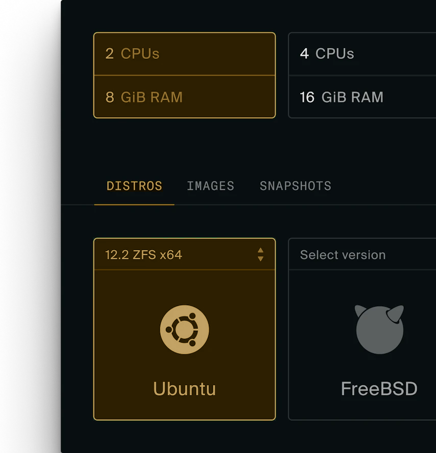 Snapshot del formulario de creación de instancia, con configuración de hardware y distro seleccionados